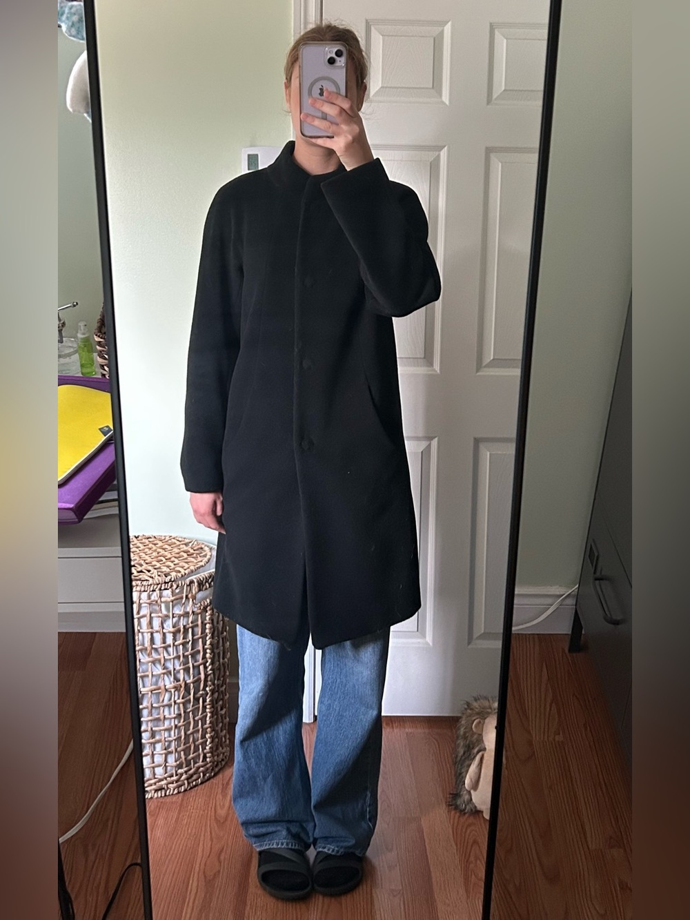 Elema Black Knee Length Pea Coat, 95% Wool